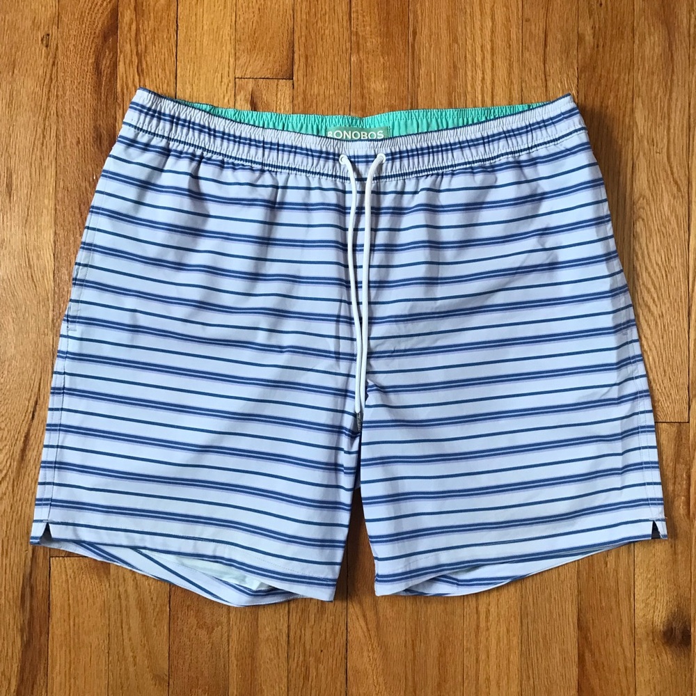 Bonobos Light Blue and Navy Striped Swim Trunks Large